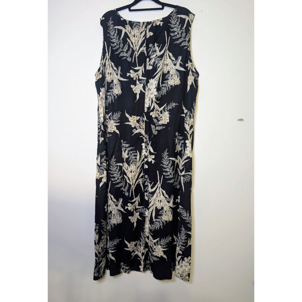 Vintage Linen Blend Black Floral Midi Dress Minimalist Cottagecore 20 Resortwear - Picture 5 of 6